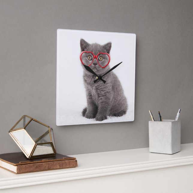 Cutest Baby djur | Kitten Heart Glass Fyrkantig Klocka (Kontor)