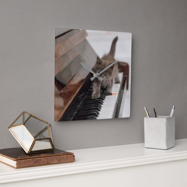 Cutest Baby djur | Kitten på Piano Fyrkantig Klocka (Kontor)