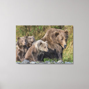 Cutest Baby djur Kodiak Mamma Bear & Unge Canvastryck