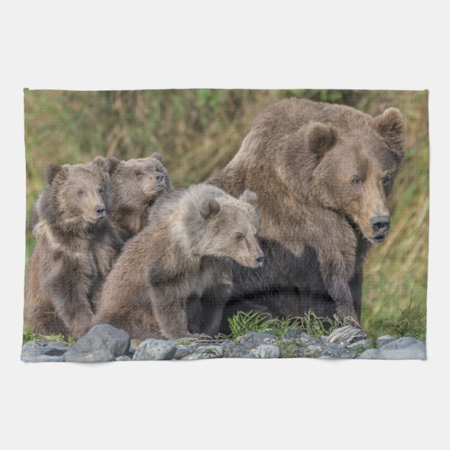 Cutest Baby djur | Kodiak Mamma Bear & Unge Kökshandduk (Horisontell)