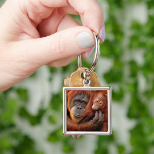 Cutest Baby djur Orangutan Mamma & Baby Fyrkantig Silverfärgad Nyckelring