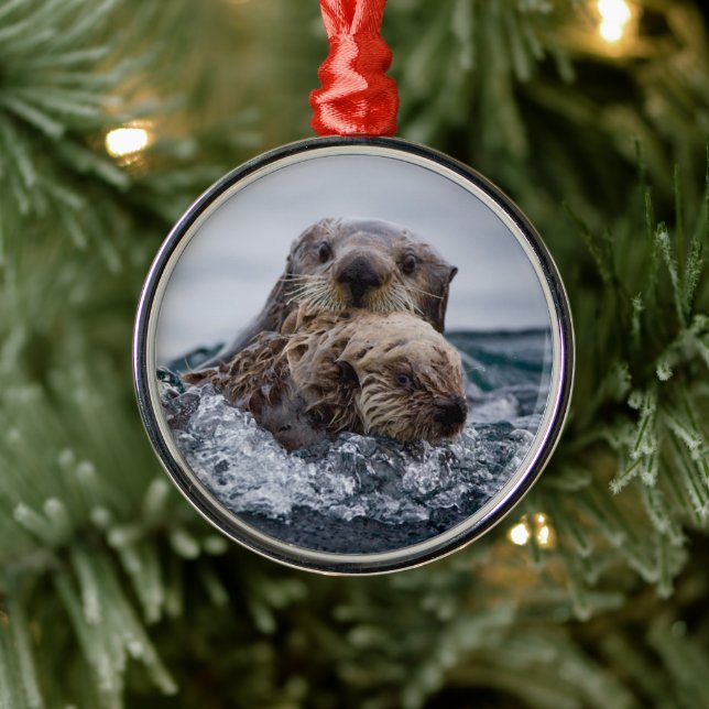 Cutest Baby djur | Otter Baby och Mor Julgransprydnad Metall (Träd)