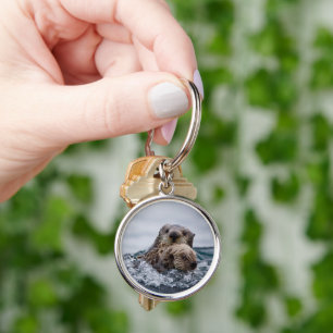 Cutest Baby djur Otter Baby och Mor Rund Silverfärgad Nyckelring