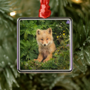 Cutest Baby djur Red Fox i Umnak Alaska Julgransprydnad Metall