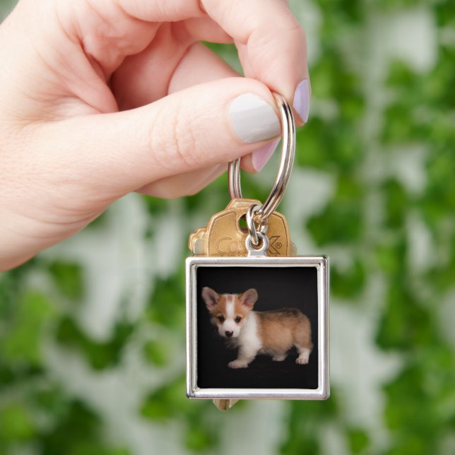 Cutest Baby djur | Tiny Corgi Fyrkantig Silverfärgad Nyckelring (Hand)
