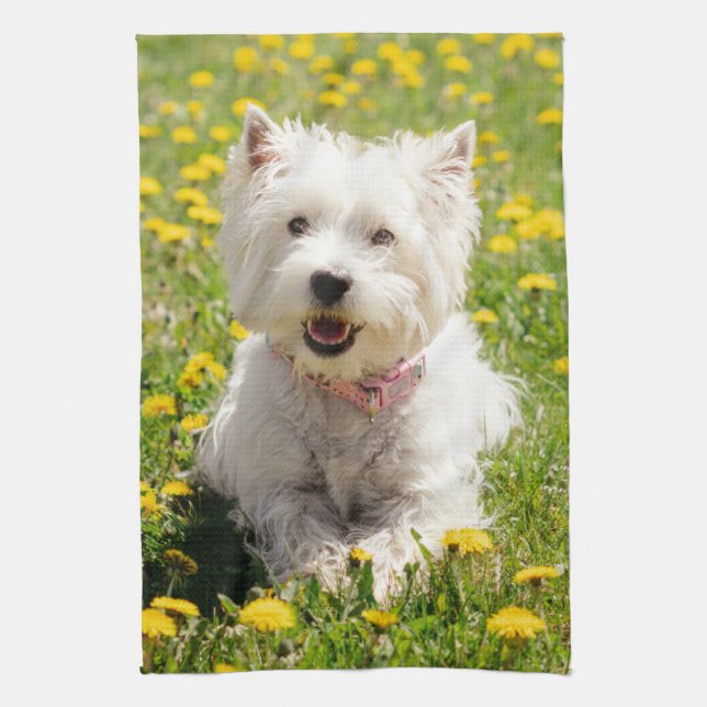 Cutest Baby djur | Westie Hund i Dandelions Kökshandduk (Vertikal)