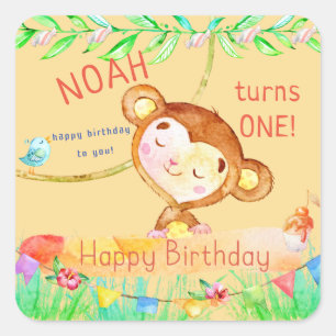 Cutest Monkey First Birthday Fyrkantigt Klistermärke