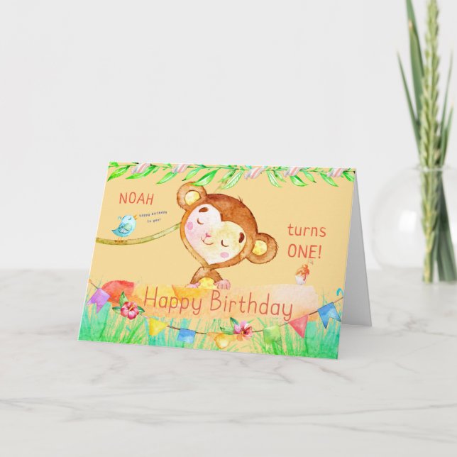Cutest Monkey First Birthday Tack Kort (Framsida)
