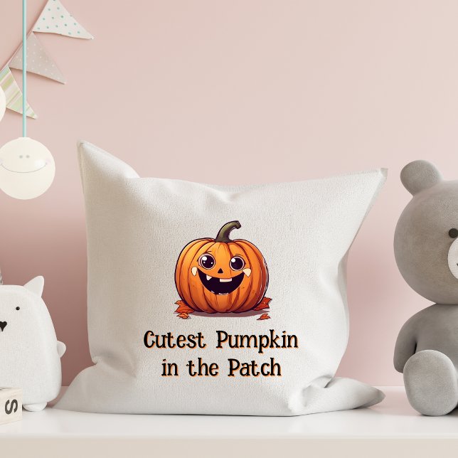 Cutest Pumpkin Tecknad Halloween Orange Text Kudde (Skapare uppladdad)