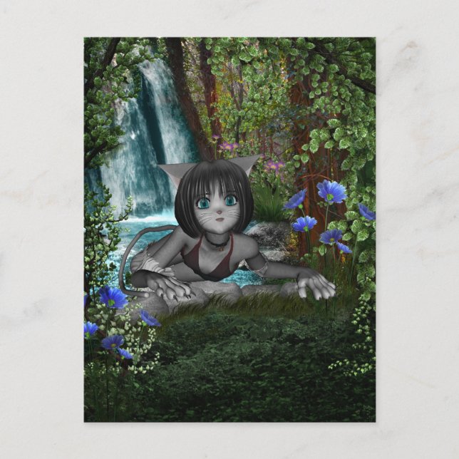 Cutie Anime Kitten Waterfalls 1 Vykort (Framsida)