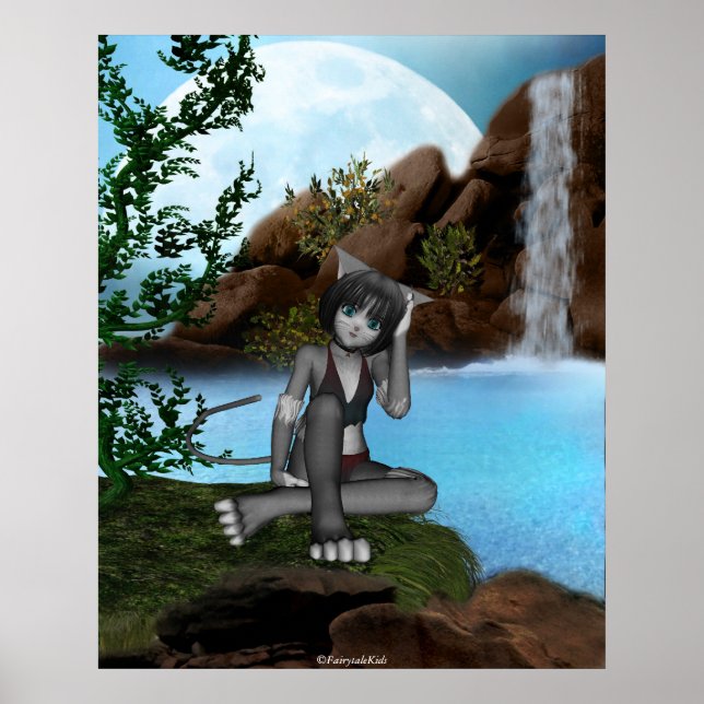Cutie Anime Kitten Waterfalls Måne 3 Poster (Framsidan)