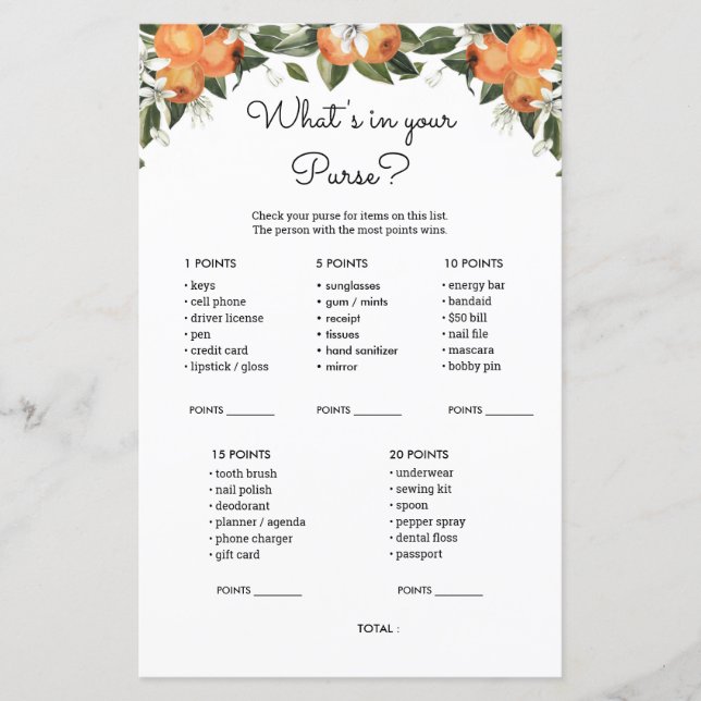 Cutie Baby Shower What's in your Purse Game Cards (Framsida)