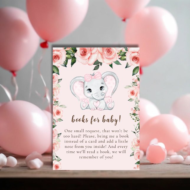 Cutie Elephant  Rosa Blommigt Bokar för Baby Tilläggskort (Cutie Elephant Blush Pink Floral Books for Baby Enclosure Card)