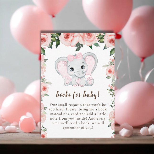 Cutie Elephant  Rosa Blommigt Bokar för Baby Tilläggskort (Cutie Elephant Blush Pink Floral Books for Baby Enclosure Card)