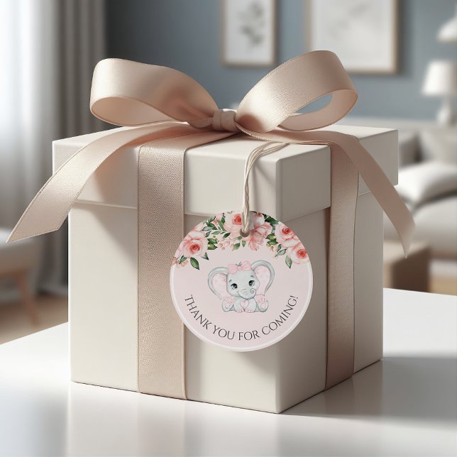 Cutie Elephant  Rosa Blommigt Girl Baby Shower Gåvor Etiketter (Cutie Elephant Blush Pink Floral Girl Baby Shower Favor Tags)