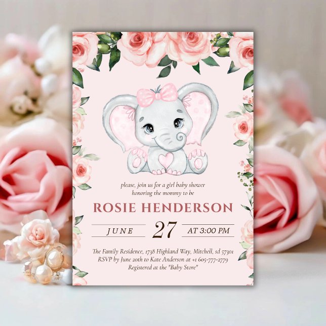 Cutie Elephant  Rosa Blommigt Girl Baby Shower Inbjudningar (Cutie Elephant Blush Pink Floral Girl Baby Shower Invitation)