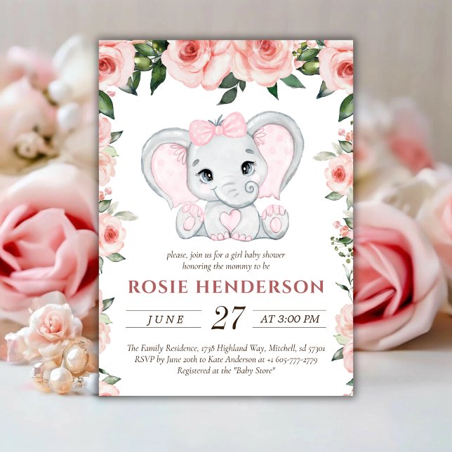 Cutie Elephant  Rosa Blommigt Girl Baby Shower Inbjudningar (Cutie Elephant Blush Pink Floral Girl Baby Shower Invitation)