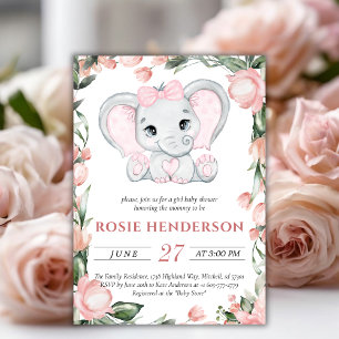 Cutie Elephant Rosa Blommigt Girl Baby Shower Inbjudningar