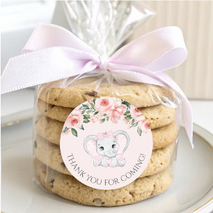 Cutie Elephant Rosa Blommigt Girl Baby Shower Runt Klistermärke