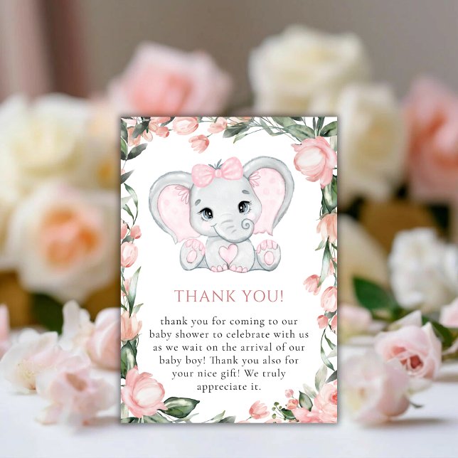 Cutie Elephant  Rosa Blommigt Girl Baby Shower Tack Kort (Cutie Elephant Blush Pink Floral Girl Baby Shower Thank You Card)