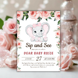 Cutie Elephant Rosa Blommigt Sip och se Inbjudningar