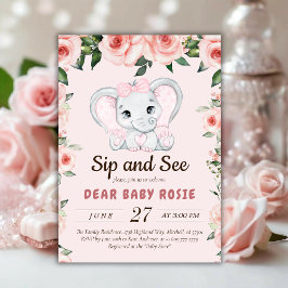 Cutie Elephant Rosa Blommigt Sip och se Inbjudningar