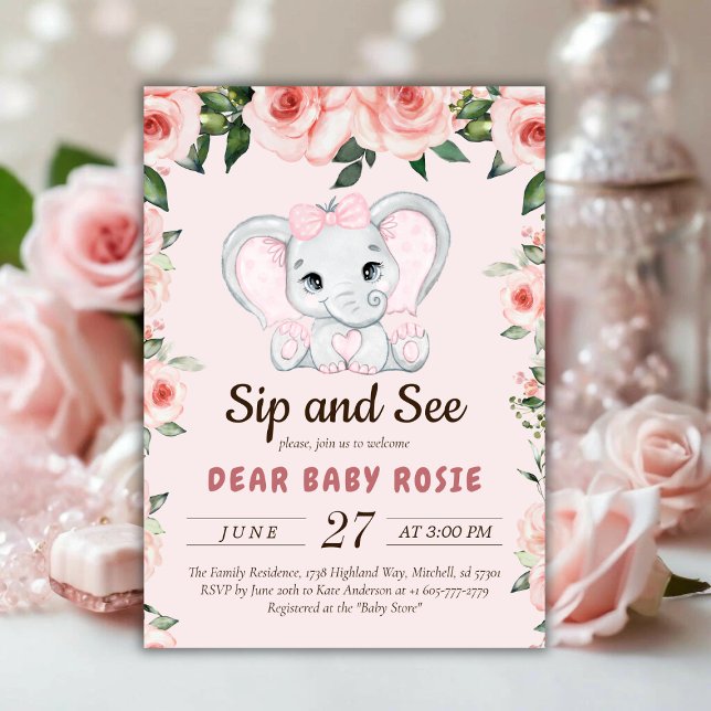 Cutie Elephant  Rosa Blommigt Sip och se Inbjudningar (Cutie Elephant Blush Pink Floral Sip and See Invitation)