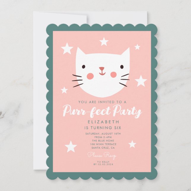 Cutie Kattunge Rosa Grönt Lila  Stars Birthday Inbjudningar (Framsida)