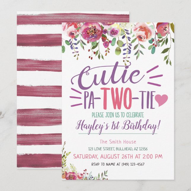 Cutie Pa-Two-Tie 2nd Birthday Girls Blommigt inbju Inbjudningar (Fram/baksida)