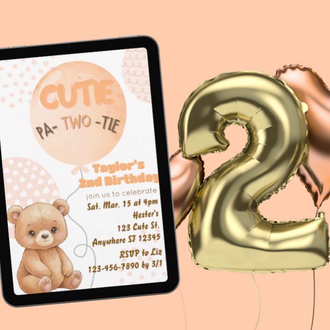 Cutie Pa-TWO-tie Peach Bear Balloons 2nd Birthday Inbjudningar (Skapare uppladdad)