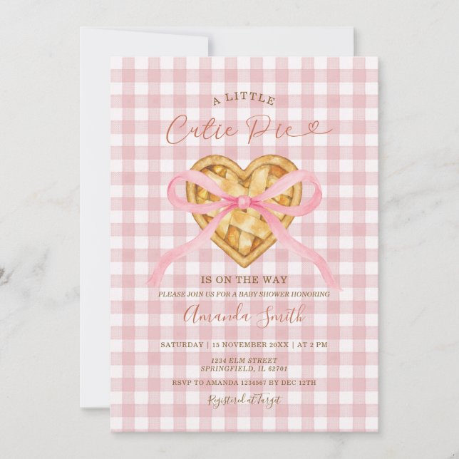 Cutie Paj Heart Rosa Bow Gingham Fall Baby Shower Inbjudningar (Framsida)