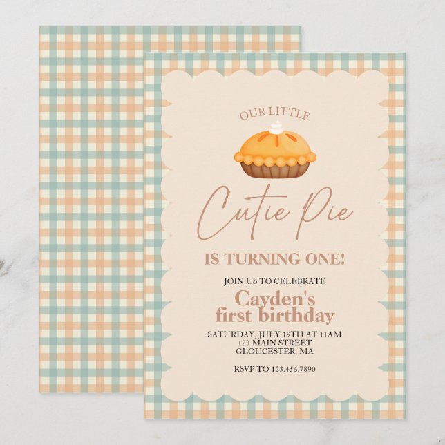 Cutie Paj pumpkin paj Fall plaid First Birthday Inbjudningar (Fram/baksida)