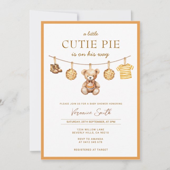 Cutie Pie Bear Boy Baby Shower Invitation Inbjudningar (Framsida)