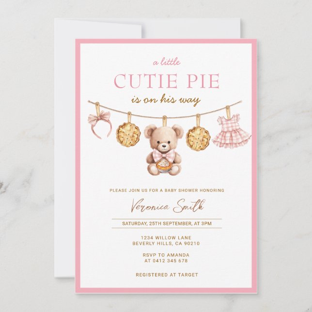 Cutie Pie Bear Girl Baby Shower Invitation Inbjudningar (Framsida)