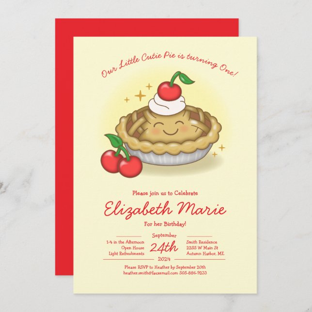 Cutie Pie Birthday Party Kids Cherry Inbjudningar (Fram/baksida)