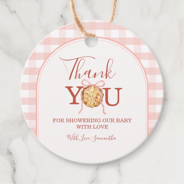 Cutie Pie Pastel Pink Bow Gingham Fall Baby Shower Gåvor Etiketter (Framsida)