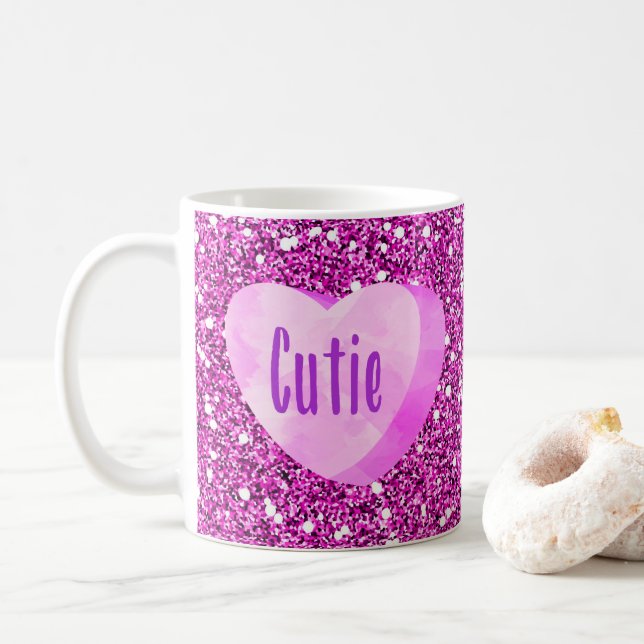 Cutie Rosa Candy Heart Faux Glitter Kaffemugg (Med munk)