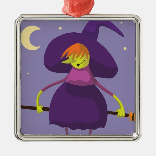 Cutie Witch med broom Halloween Julgransprydnad Metall (Framsidan)