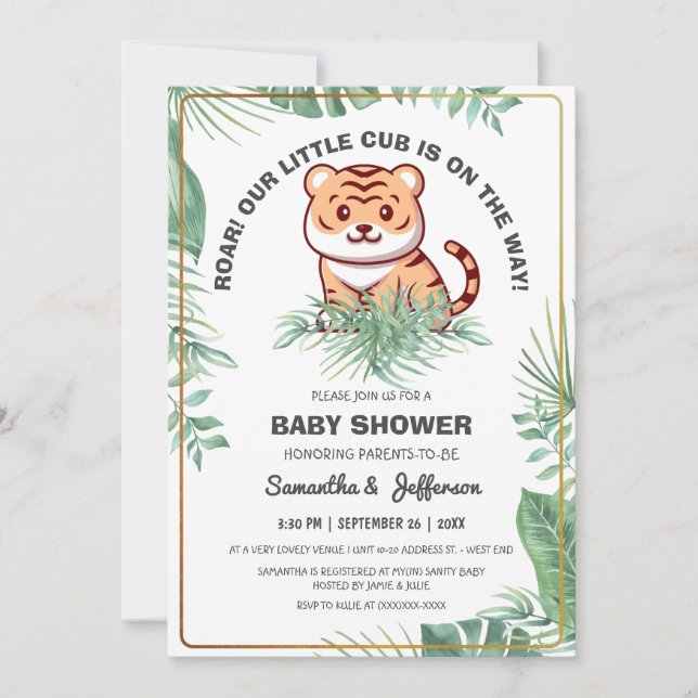 Cuties Grey Tropical Forest Tiger Baby Shower Inbjudningar (Framsida)