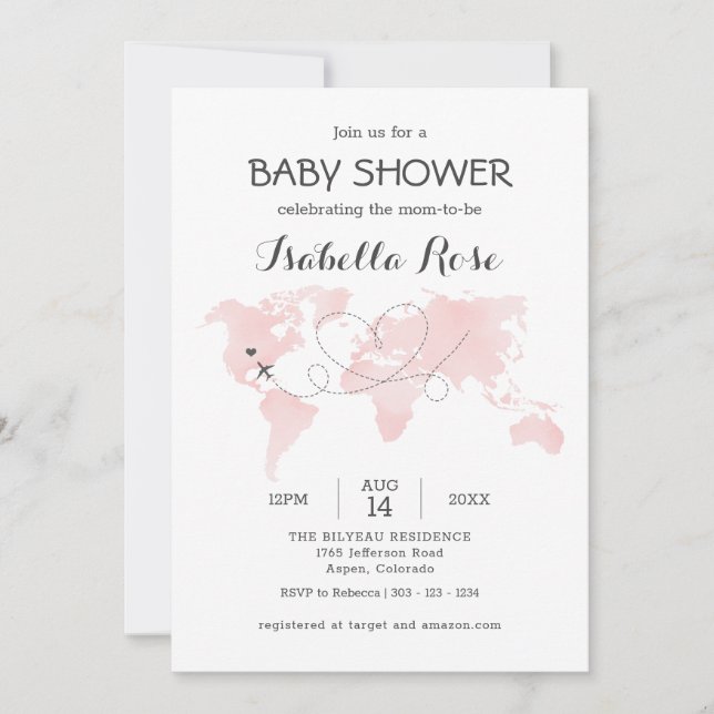 Cuties Karta Travel Äventyr  Rosa Baby Shower Inbjudningar (Framsida)