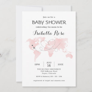 Cuties Karta Travel Äventyr Rosa Baby Shower Inbjudningar