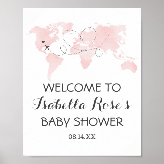 Cuties Karta Travel Äventyr  Rosa Baby Shower Poster (Framsidan)