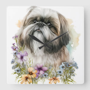 CUTLE LITTLE LHASA APSO HUND WITH WILDFLOWERS FYRKANTIG KLOCKA