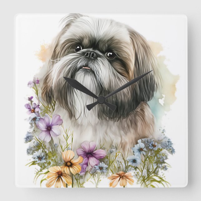 CUTLE LITTLE LHASA APSO HUND WITH WILDFLOWERS FYRKANTIG KLOCKA (Framsida)
