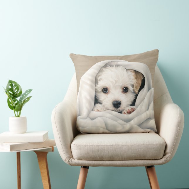 CUTLY HAIRED WHITE PUPPY UNDER BLANKET KUDDE (Stol)