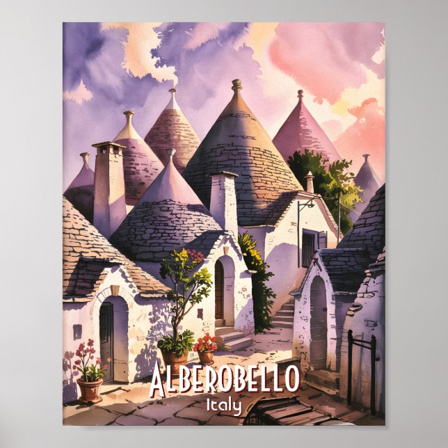 Cutom Alberobello Trulli Houses Italy Watercolor Poster (Framsidan)