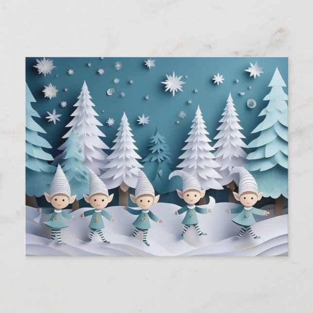 Cutout Elves in the Snow Personalized Christmas  Helg Vykort (Framsida)