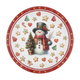 Cutting Board Round Snowman and Christmas Cookies