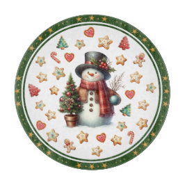 Cutting Board Round Snowman and Christmas Cookies