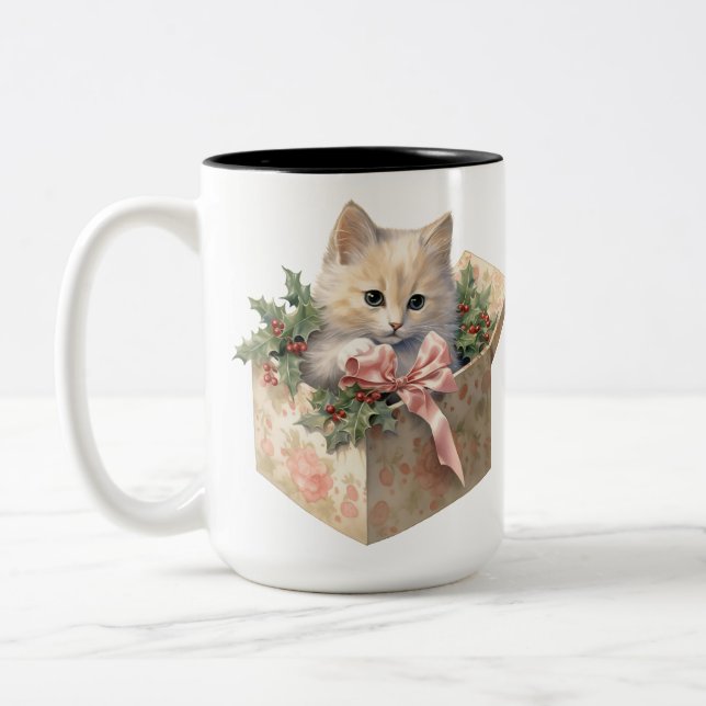 CUTWATERCOLOR FLUFFY CHRISTMAS KITTEN Två-Tonad MUGG (Vänster)